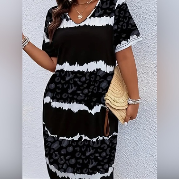 996 ❤️ 1X Plus Size Leopard & Irregular Stripe Print Dress Casual V Neck - Picture 5 of 6